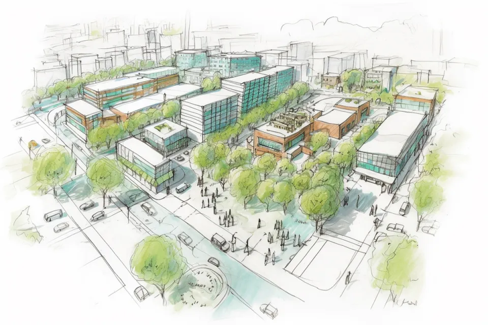 Sketch of proposed city with buildings, trees, and people.